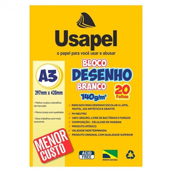 BLOCO PARA DESENHO A3 BRANCO 140G COM 20 FOLHAS USAPEL