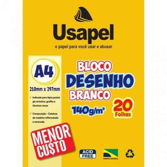 BLOCO PARA DESENHO A4 BRANCO 140G COM 20 FOLHAS USAPEL