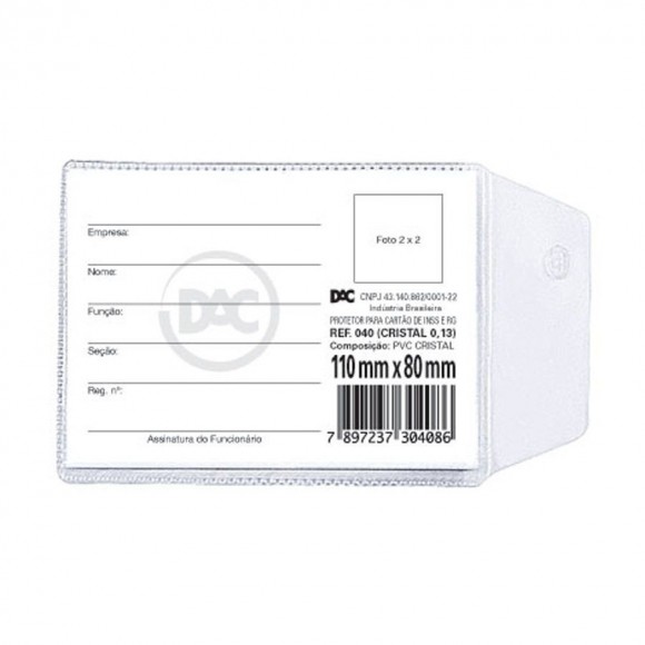 PROTETOR DE DOCUMENTO DAC PARA RG C/ABA CRISTAL 110XM80MM PT/100 UNID